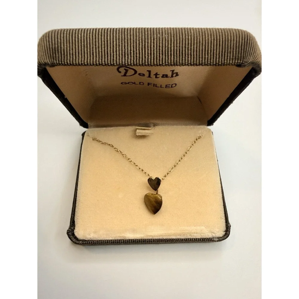 Deltah Gold Filled Double Heart Tiger's Eye Necklace